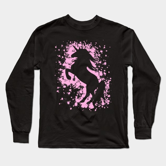 Rearing Pink Unicorn Silhouette Long Sleeve T-Shirt by Lady Lilac